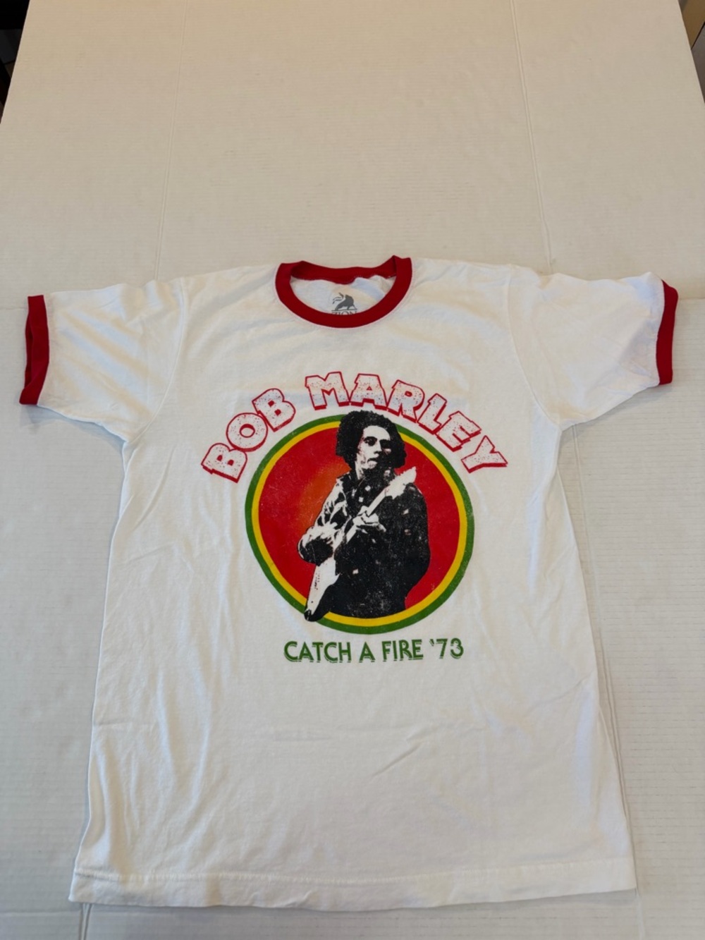 Zion Rootswear White Ringer Bob Marley Catch A Fire '73 Tee with Red Trim